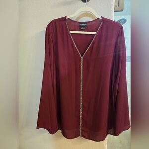 Burgundy V-Neck Blouse with Sparkle Trim